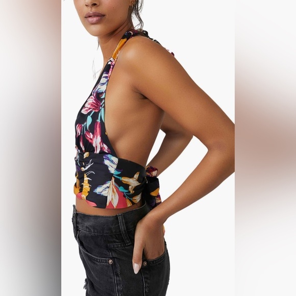 Free People Seraphina Floral Halter Top in Black Combo Multicolor Cropped Wrap - Picture 12 of 15